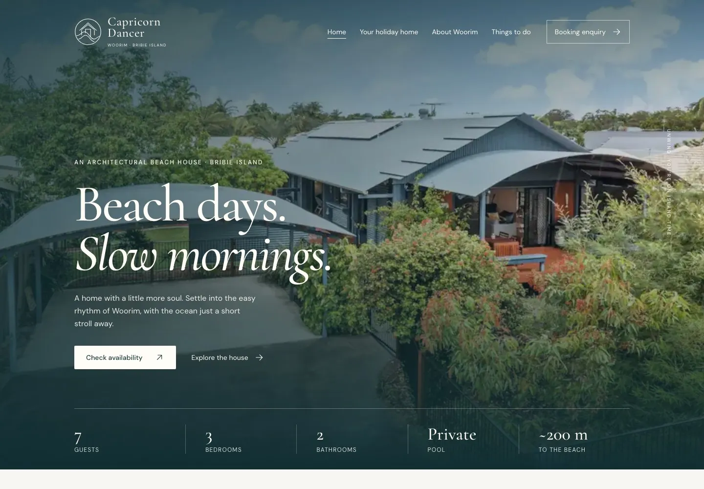 Capricorn Dancer website introducing the architectural beach house in Woorim, with property details and a check-availability link