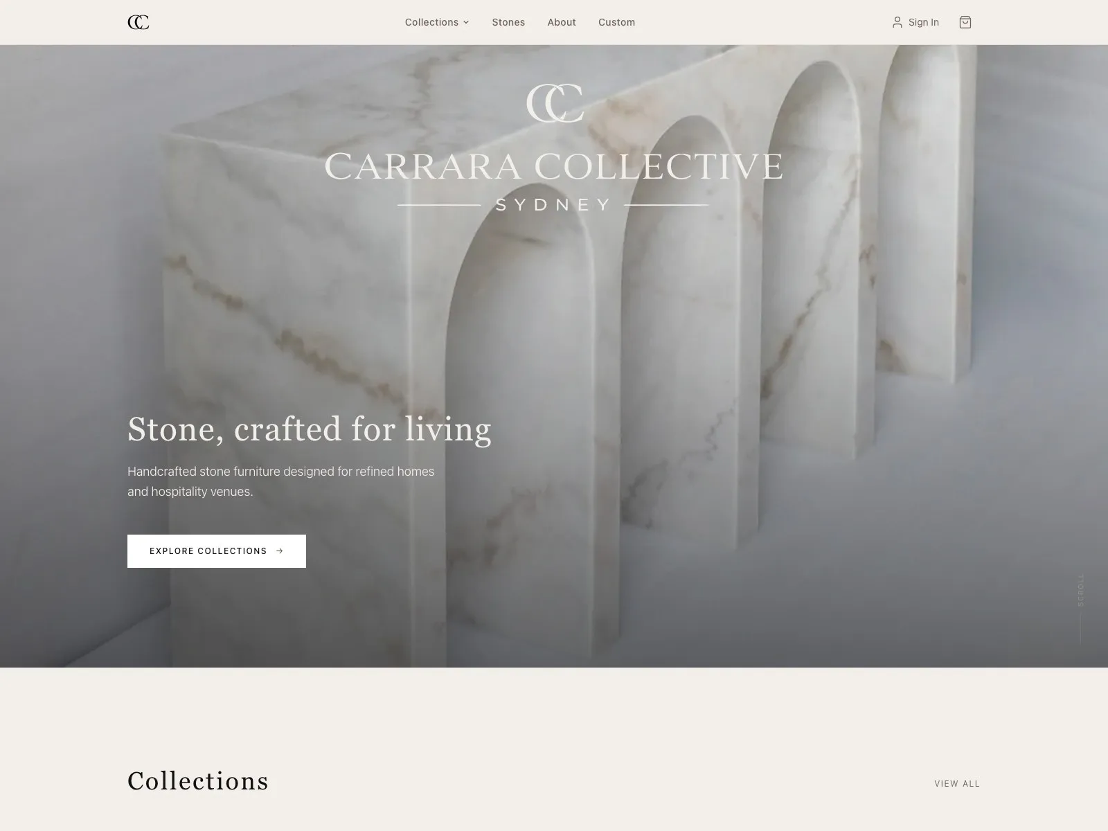 Carrara Collective website showing stone furniture product catalogue and checkout