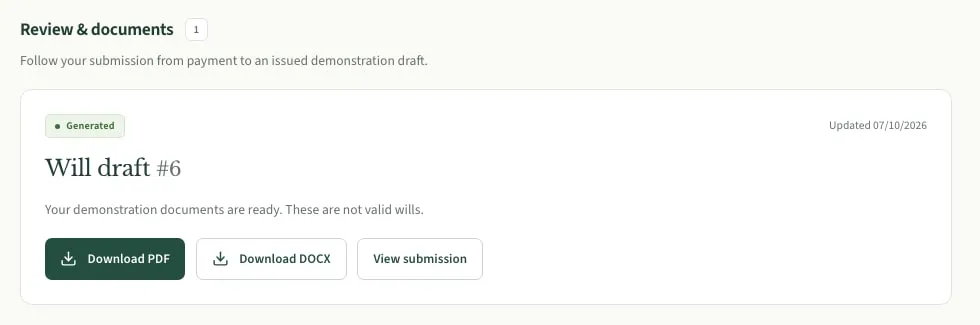 Demo client dashboard with an issued draft and Word and PDF download buttons